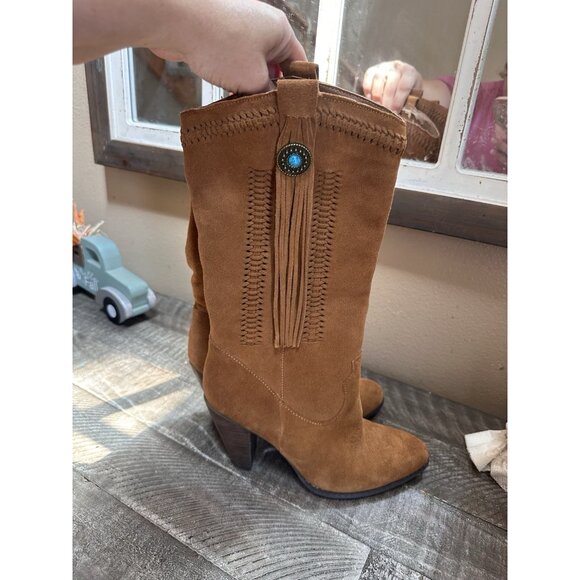 Women 8 Reba Hades Brown Suede Leather Fringe Cowgirl Boots 4” Heel - Picture 1 of 6